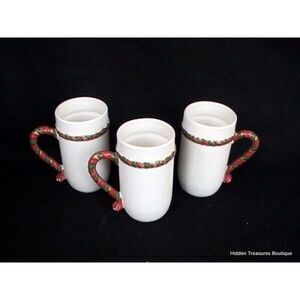 Fitz & Floyd Omnibus OCI 3 Christmas Cups Mugs Cream w/Rope‎ Trim